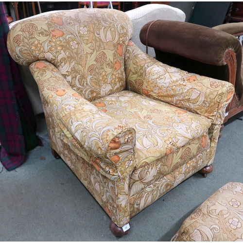 62 - A late Victorian humpback armchair, 83cm high x 83cm wide x 85cm deep and poof both with floral dama... 