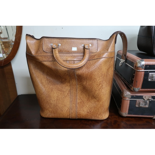 74 - A graduating pair of wood bound travel cases, St Michael faux leather bag and another brown vinyl ba... 