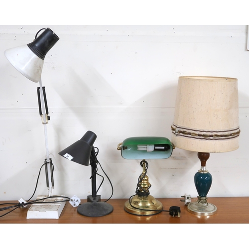 82 - A lot to include brass based desk lamp with green glass shade, anglepoise style desk lamp, adjustabl... 