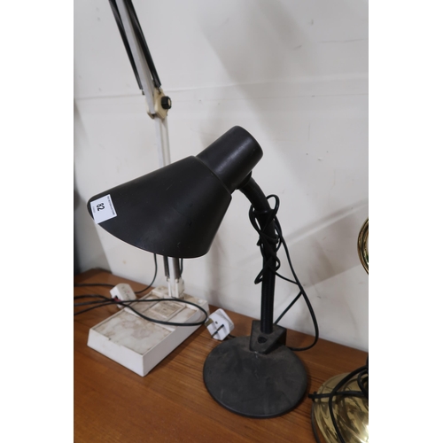 82 - A lot to include brass based desk lamp with green glass shade, anglepoise style desk lamp, adjustabl... 