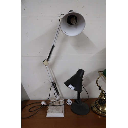 82 - A lot to include brass based desk lamp with green glass shade, anglepoise style desk lamp, adjustabl... 