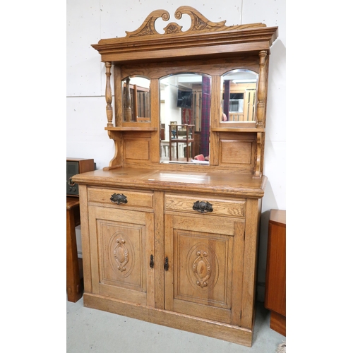 84 - *WITHDRAWN* A Victorian oak mirror backed sideboard with carved and moulded cornice over mirror back... 