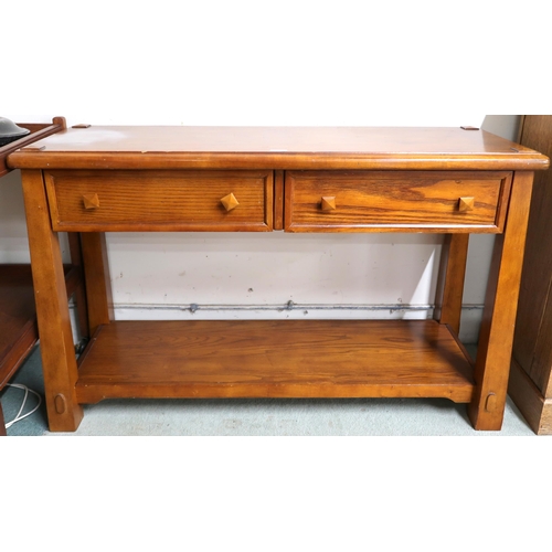 85 - A contemporary teak console table with pair of drawers on square tapering supports joined by lower t... 