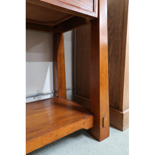 85 - A contemporary teak console table with pair of drawers on square tapering supports joined by lower t... 