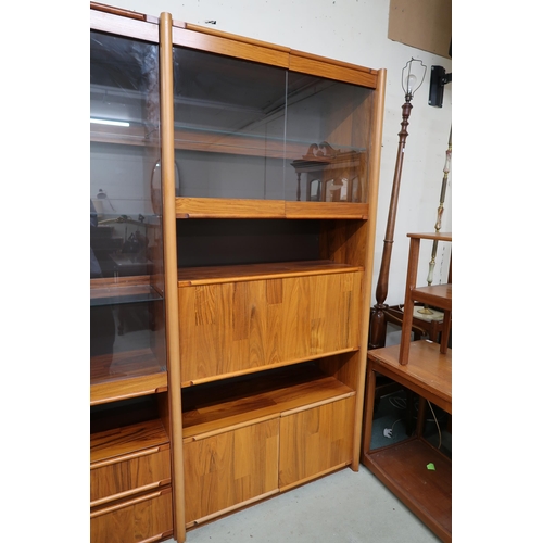 86 - A 20th century stained teak media unit, 198cm high x 255cm wide x 53cm deep