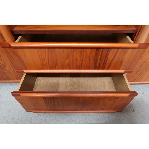 86 - A 20th century stained teak media unit, 198cm high x 255cm wide x 53cm deep