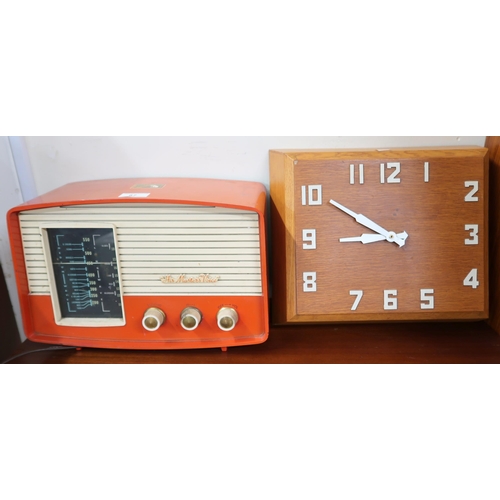 87 - A 20th century HMV model 1373 radio and a teak wall clock (2)