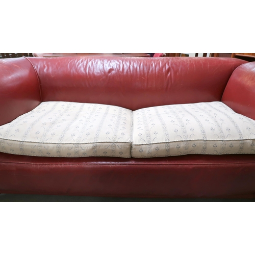 92 - A 20th century leather upholstered club style drop end settee with upholstered cushions, 73cm high x... 