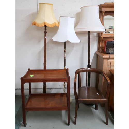 96 - A lot comprising 20th century horseshoe back armchair, two tier tea trolley and three assorted stand... 