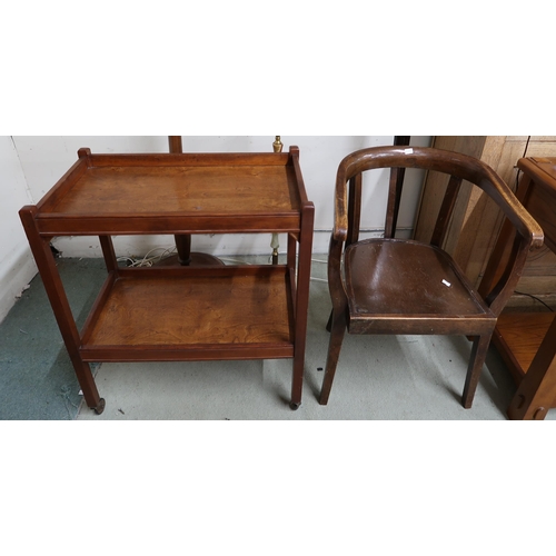 96 - A lot comprising 20th century horseshoe back armchair, two tier tea trolley and three assorted stand... 