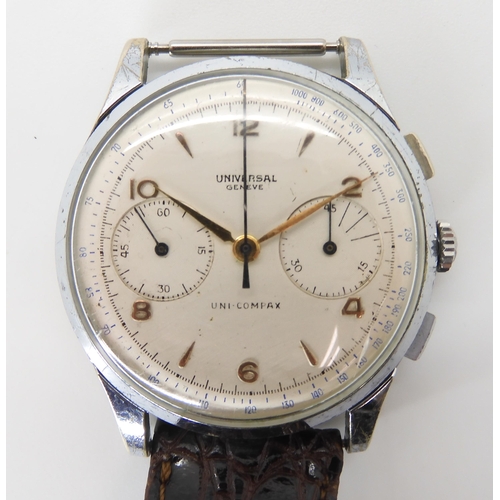 2884 - A UNIVERSAL GENEVE UNI COMPAX GENTS WATCHthe silvered dial with two subsidiary dials, gold coloured ... 