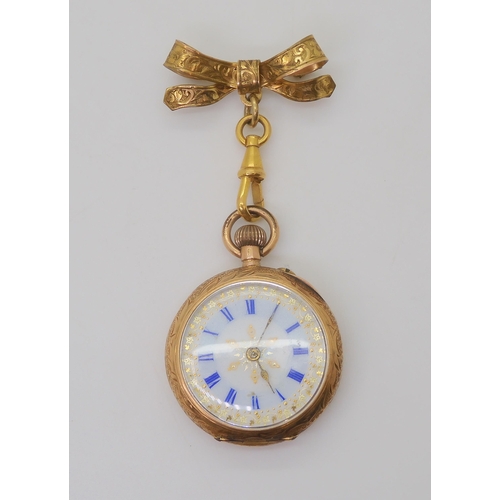 2888 - A 14K GOLD OPEN FACE FOB WATCHwith a decorative French gold transfer patterned dial & blue Roman... 