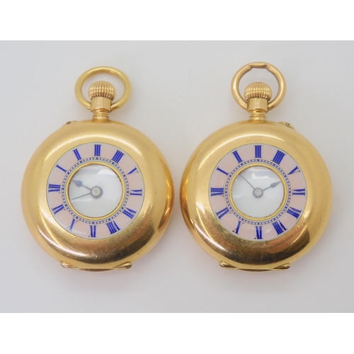 2891 - TWO SIMILAR 18K FOB WATCHESboth with half hunter cases with pink opalescent enamel chapter rings wit... 