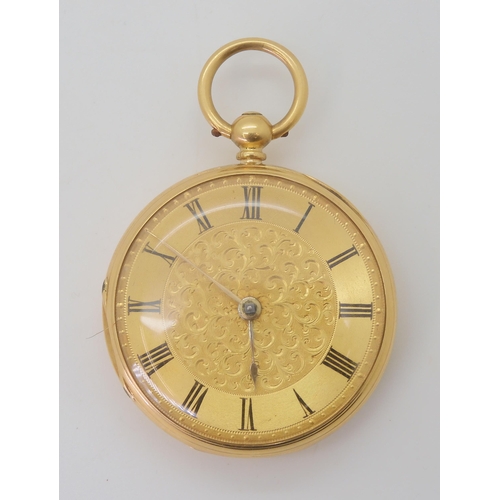 2899 - AN OPEN FACE FOB WATCHthe machine engraved case is 18ct gold, with London Hallmarks for 1865, gold c... 