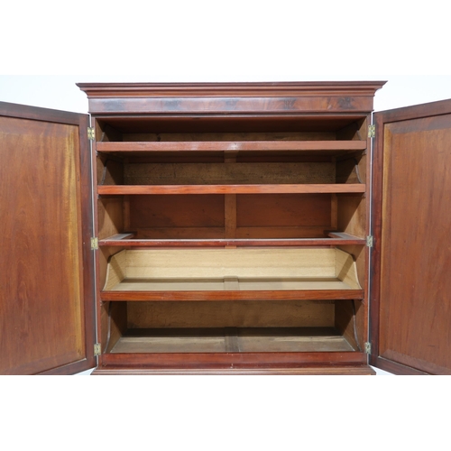 2026 - A GEORGIAN MAHOGANY LINEN PRESS with moulded cornice over pair of satinwood inlaid panel doors ... 