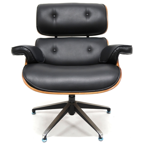 2123 - A 20TH CENTURY AFTER CHARLES & RAY EAMES LOUNGE CHAIR with buttoned black vinyl upholstered cush... 