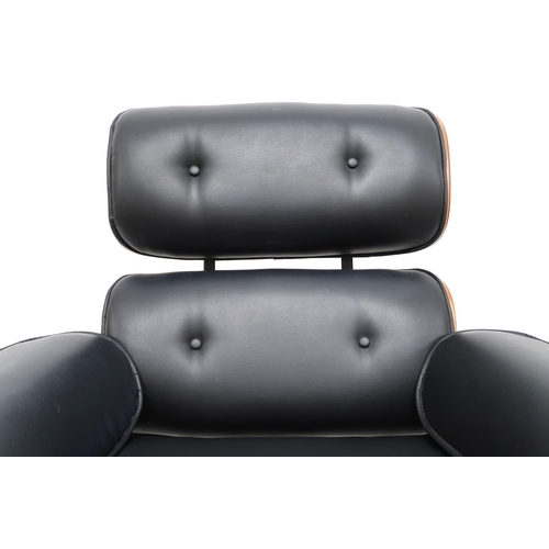 2123 - A 20TH CENTURY AFTER CHARLES & RAY EAMES LOUNGE CHAIR with buttoned black vinyl upholstered cush... 