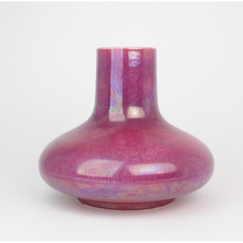 2158 - A RUSKIN SQUAT BALUSTER FORM VASE in a pink lustre glaze, possibly Hares Fur Souffle Lustre, stamped... 