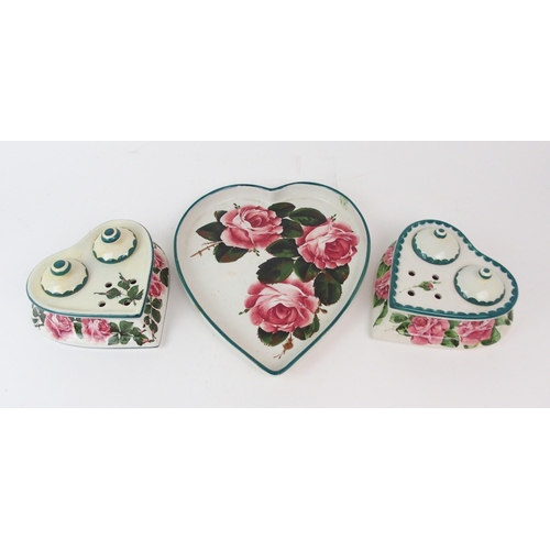 2178 - A WEMYSS HEART-SHAPED TRAY painted with cabbage roses, 29.5cm long, together with two heart shaped i... 