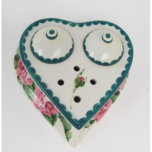 2178 - A WEMYSS HEART-SHAPED TRAY painted with cabbage roses, 29.5cm long, together with two heart shaped i... 