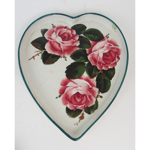 2178 - A WEMYSS HEART-SHAPED TRAY painted with cabbage roses, 29.5cm long, together with two heart shaped i... 