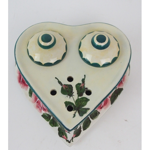 2178 - A WEMYSS HEART-SHAPED TRAY painted with cabbage roses, 29.5cm long, together with two heart shaped i... 