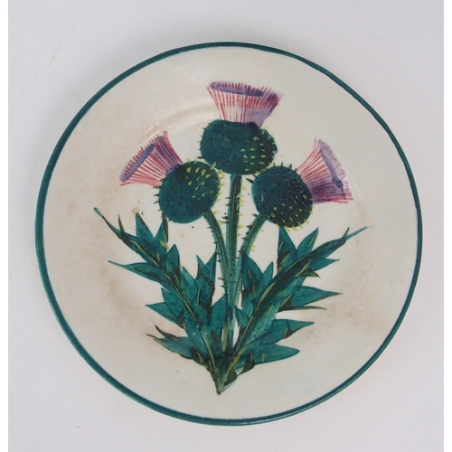 2184 - A WEMYSS THISTLE PATTERN POT AND COVER of cylindrical form, 10cm diameter, a small plate in thistle ... 