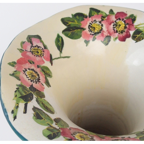 2185 - A WEMYSS LADY EVA VASE painted with dog roses, 30cm high together with a pair of Griselda Hill rose ... 