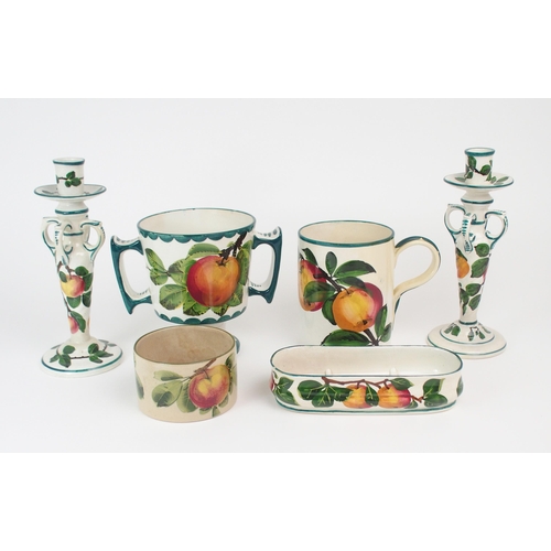 2186 - A COLLECTION OF WEMYSS APPLE PAINTED WARES including a two handled beaker, a tankard, a pair of Kint... 