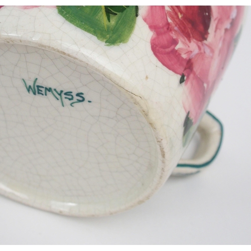 2187 - A COLLECTION OF WEMYSS CABBAGE ROSE PAINTED CERAMICS including a biscuit barrel, 12cm high, a cup an... 