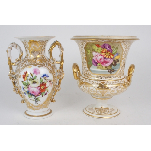 2222 - A DERBY TWO HANDLED URN painted with an arrangement of flowers, a Derby hand painted rectangular dis... 