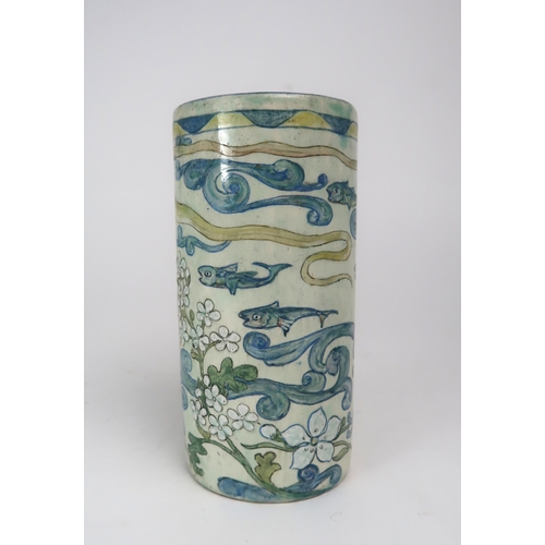 2246 - HANNAH  MOORE WALTON (1863-1940) An Art Nouveau Scottish pottery cylindrical vase, painted in enamel... 