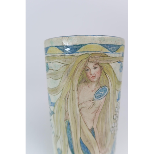 2246 - HANNAH  MOORE WALTON (1863-1940) An Art Nouveau Scottish pottery cylindrical vase, painted in enamel... 