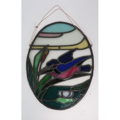 2248 - AN ARTS AND CRAFTS LEADED AND STAINED GLASS PANEL depicting a kingfisher, 38.5cm high, together with... 