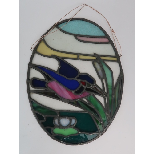 2248 - AN ARTS AND CRAFTS LEADED AND STAINED GLASS PANEL depicting a kingfisher, 38.5cm high, together with... 