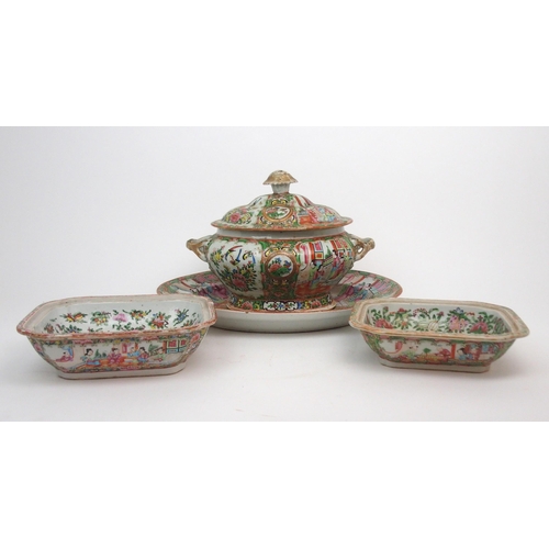 2351 - A CANTONESE FAMILLE ROSE SOUP TUREEN cover, oval ashet and two vegetable bases, painted with figures... 