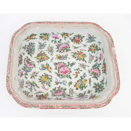 2351 - A CANTONESE FAMILLE ROSE SOUP TUREEN cover, oval ashet and two vegetable bases, painted with figures... 