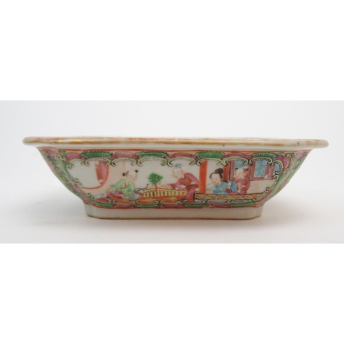 2351 - A CANTONESE FAMILLE ROSE SOUP TUREEN cover, oval ashet and two vegetable bases, painted with figures... 