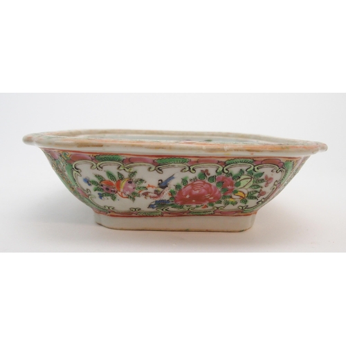 2351 - A CANTONESE FAMILLE ROSE SOUP TUREEN cover, oval ashet and two vegetable bases, painted with figures... 