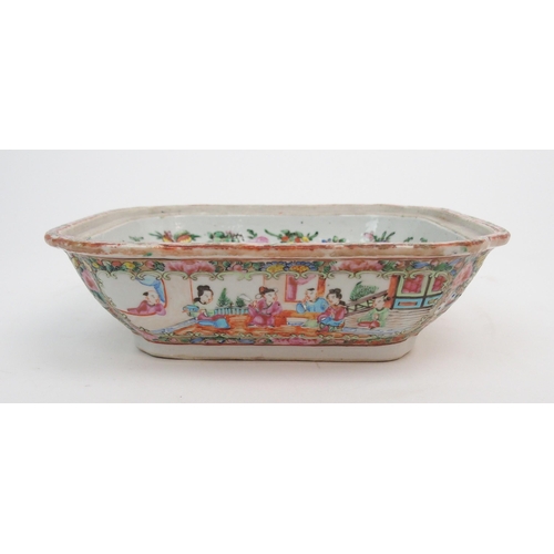 2351 - A CANTONESE FAMILLE ROSE SOUP TUREEN cover, oval ashet and two vegetable bases, painted with figures... 