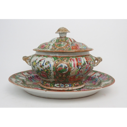 2351 - A CANTONESE FAMILLE ROSE SOUP TUREEN cover, oval ashet and two vegetable bases, painted with figures... 