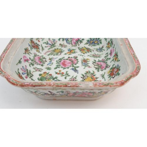 2351 - A CANTONESE FAMILLE ROSE SOUP TUREEN cover, oval ashet and two vegetable bases, painted with figures... 