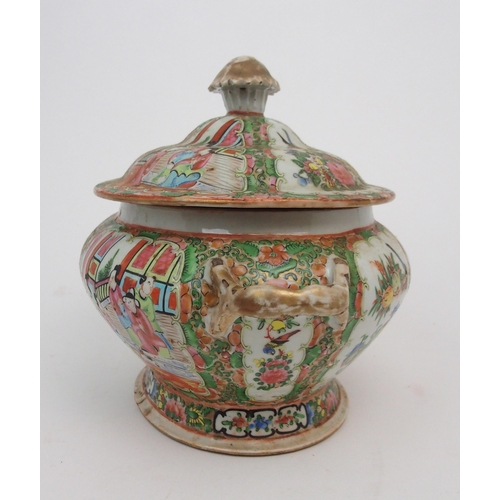 2351 - A CANTONESE FAMILLE ROSE SOUP TUREEN cover, oval ashet and two vegetable bases, painted with figures... 