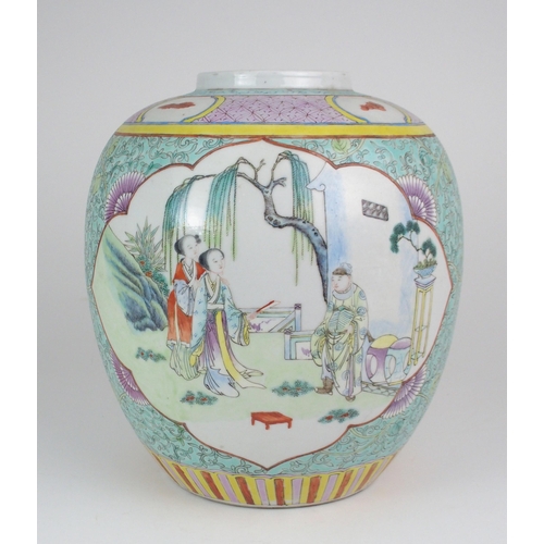 2368 - A CHINESE FAMILLE ROSE JAR Painted with panels of figures before pavilions and reserved on a foliate... 