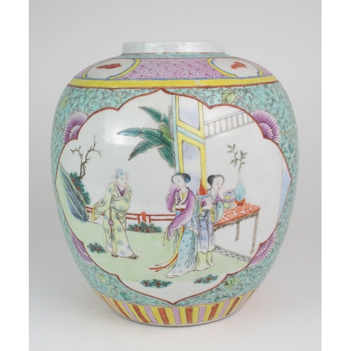 2368 - A CHINESE FAMILLE ROSE JAR Painted with panels of figures before pavilions and reserved on a foliate... 