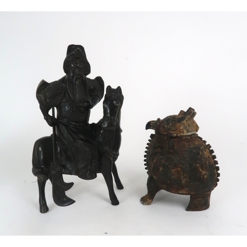 2402 - A BRONZE WARRIOR ON HORSEBACK27cm high and an Archaic style grotesque animal censer, 17.5cm high (2)... 