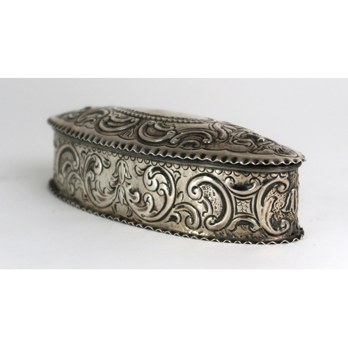 2472 - A VICTORIAN SILVER JEWELLERY BOXby Robert Humphries, London 1881, of oval form, with moulded scrolli... 