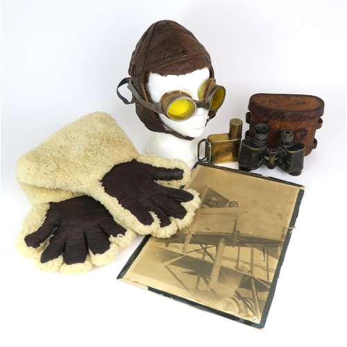 2618 - WW1-ERA FLYING APPAREL Comprising a pair of large sheepskin gauntlets, yellow-lensed goggles with sp... 