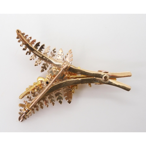 2706 - A 9CT GOLD FERN BROOCHset with five pearls, stamped with the makers mark A&W, dimensions 4.5cm x... 