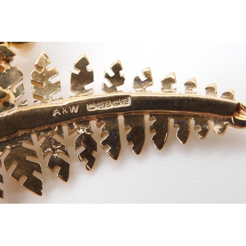 2706 - A 9CT GOLD FERN BROOCHset with five pearls, stamped with the makers mark A&W, dimensions 4.5cm x... 